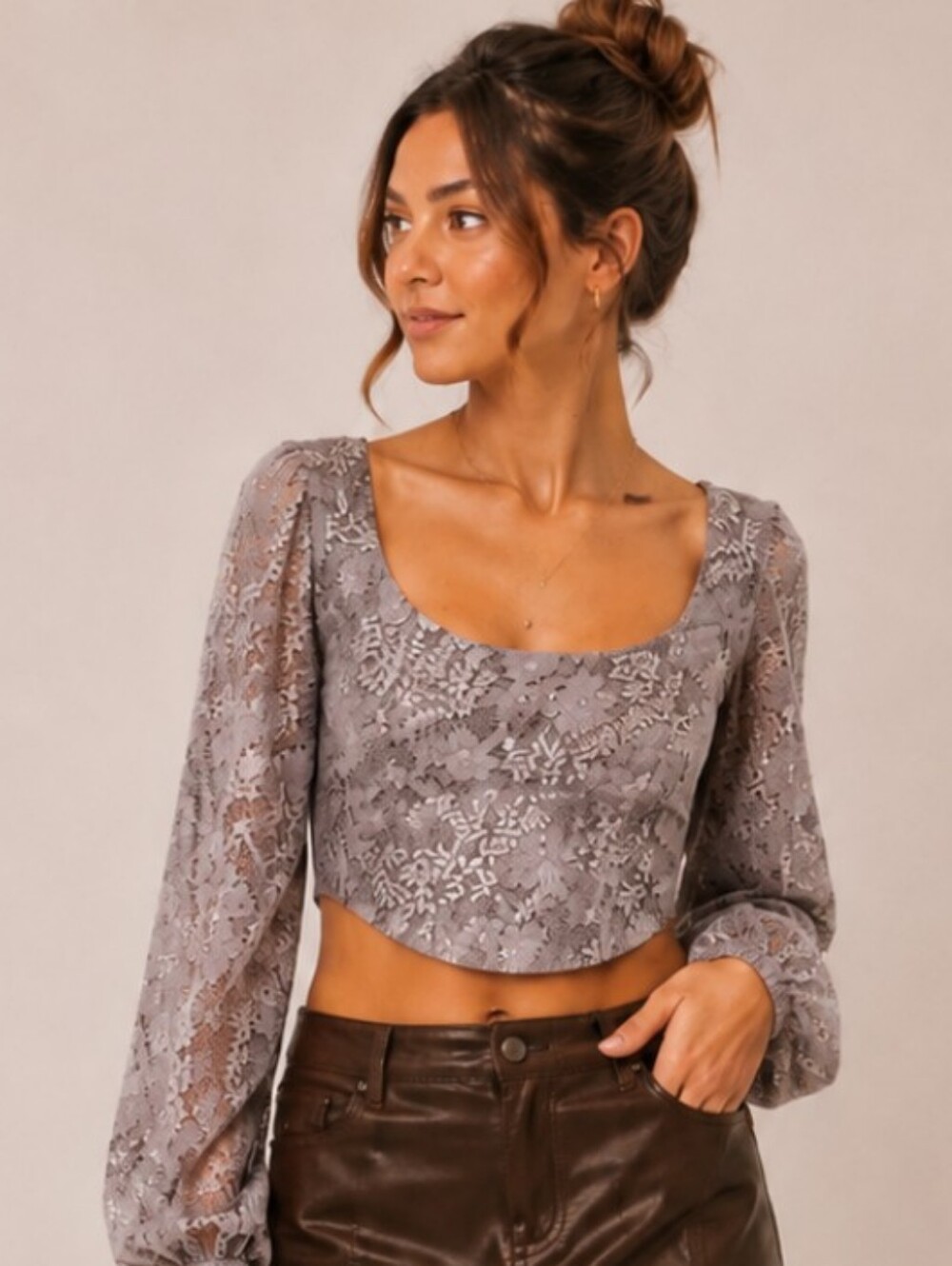 Altar'd State Lace Long Sleeve Crop Top Blouse Large NWT